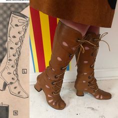 Late 60s Gogo Boots Size 7 Rare Milk Chocolate Brown Lace Up Gogo Boots With Cut-Outs. I’m A Big Collector And I Haven’t Seen This Style Before Featured In An Early 70s Fredericks Of Hollywood Catalog! Made In Mexico No Size Marked, But I Would Guess Around A 7 A Measurements Below. I’m Too Big For Them Which Is Why They Look Odd On My Foot. Lace Up The Front With Grommets. Shoelaces Are Leather Scalloped Where The Grommets Are For More Fun Detail Teardrop Cut Outs Up The Legs And On The Foot Rounded Toe Chunky Heel Leather Outer, Lined In Nylon Very Good Shape. I Don’t Think These Are The Original Laces, I Think A Brown Or Black Ribbon Would Look Great Too. Light Dry Rot From 60s Gogo Boots, 70s Platform Boots, 60s Gogo, Cut Out Boots, Gladiator Boots, Funky Shoes, Gorgeous Heels, Gogo Boots, Diva Fashion