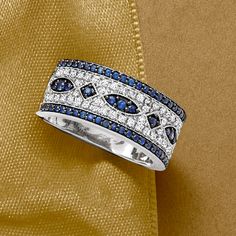 Ross-Simons - .50ct t. w. Sapphire, .25ct t. w. Diamond Ring in 14kt White Gold. Size 7. Adorned with a dazzling design, this 1/4" wide ring flaunts .50 ct. t. w. round sapphires in black rhodium for a bold pop of drama. The rich blue gems are amplified even further by icy .25 ct. t. w. diamond rounds in polished 14kt white gold with elegant milgrain details to finish. Diamond and sapphire ring. Sapphire birthstones are the perfect gift for September birthdays. Anniversary White Gold Sapphire Ring With Pave Setting, Anniversary Platinum Sapphire Ring With Pave Setting, Formal Sapphire Ring With Pave Setting In Diamond White, Anniversary Sapphire Ring With Pave Setting In Platinum, Platinum Sapphire Ring With Pave Setting For Anniversary, Sapphire Diamond Ring With Pave Setting In White Gold, White Gold Sapphire Diamond Ring With Pave Setting, Diamond White Pave Setting Sapphire Ring For Anniversary, Anniversary Diamond White Pave Set Sapphire Ring