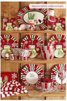 red and green christmas dishes on display in a cabinet with candy canes around them