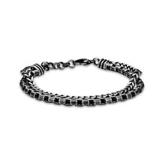 Two chains come together to create this eye-catching bracelet. Oxidized solid stainless steel Foxtail chain and box chain lengths layer 8 inches with 1.2-inch extender and lobster clasp Layered Bracelet, Alternative Metal, Bracelet Box, Layered Bracelets, Accessories Jewelry Necklace, Metal Bracelets, Come Together, Box Chain, Chain Lengths