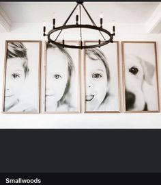 three black and white photos hanging on the wall in front of a chandelier