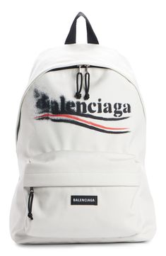 A partially blurred campaign logo brands this sturdy backpack that features comfortably padded straps and a spacious zip pocket. Two-way top-zip closure Top carry handle; adjustable backpack straps Exterior zip pocket Interior zip pocket; interior laptop pocket Cotton-canvas lining Textile Made in Italy Sturdy Backpack, Balenciaga Backpack, Explorer Backpack, Baby Gear Essentials, Campaign Logo, Maison Francis Kurkdjian, Perfume Gift Sets, Perfume Gift, Fragrance Gift