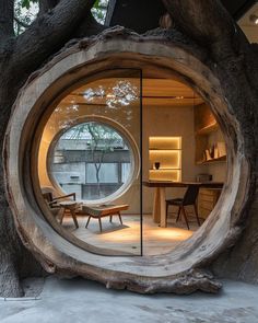 the inside of a tree stump with a circular window