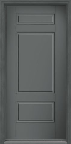 the front door is painted gray and has two side panels