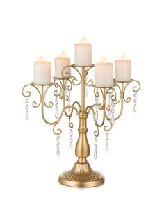 a gold candle holder with five candles on it and crystal beads hanging from the top