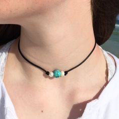 Turquoise Choker Necklace for Women, Short Pearl and Turquoise Necklace on black leather for teen gi Turquoise Jewelry With Sliding Knot For Vacation, Turquoise Necklace With Sliding Knot For Gift, Adjustable White Turquoise Necklace As Gift, Adjustable White Turquoise Necklace For Gift, Turquoise Jewelry With Adjustable Cord As Gift, Adjustable Turquoise Necklace For Everyday, Beach Jewelry Boho, Turquoise Choker, Jewelry For Girls