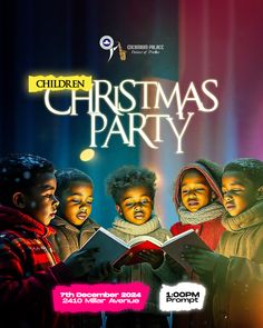 children sing christmas carols in front of a brightly colored background with the words children christmas party