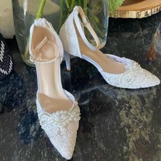 Newnever Worn, Found Something Else White Lace, Small Pearls, Size 6, Bridal Heels, 3 Inch Heel, Kailee P Pointy Toe Heel Closed Toe Wedding Shoes, Heels 3 Inch, Pointy Toe Heels, Bridal Heels, 3 Inch Heels, Something Else, Wedding Shoes, White Lace, Shoes Women Heels