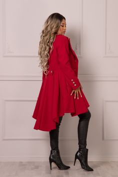 A-line Outerwear For Winter Party, A-line Winter Outerwear For Party, Chic Asymmetrical Outerwear For Party, Chic A-line Party Outerwear, Winter Evening Knee-length Outerwear, Knee-length Evening Outerwear For Winter, Fitted Asymmetrical Outerwear For Party, Red Long Coat For Party, A-line Fall Party Outerwear