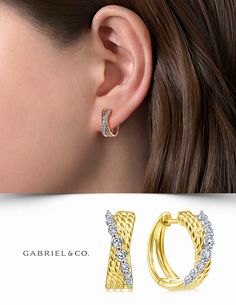 14K Yellow-White Gold Fashion Earrings EG13851M45JJ #GabrielNY #DiamondJewelry #FineJewelry #GabrielAndCo #UniqueJewelry #FineJewelry#FashionJewelry#UniqueJewelry#GiftIdeas#UniqueGifts #DiamondJewelry #Jewelry #Earrings #FashionEarrings Luxury Gold Huggie Earrings With Diamond Cut, Luxury Diamond Accented Huggie Earrings, Baali Earring Gold Simple, Exquisite Gold Diamond Earrings Luxury, Luxury Yellow Gold Diamond Earrings For Party, Luxury Halo Huggie Earrings For Wedding, Luxury Gold Diamond Earrings With Pave Setting, Diamond Baali Earrings, Elegant White Huggie Earrings With Diamond Accents