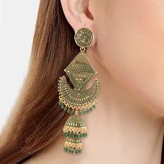 An Earring Style Is Called Jhumkas Is Popular In India And Other South Asian Nations. They Are Often Made of Gold Or Silver Polish And Frequently Feature Embellishments Made Of Pearls Or Gemstones. Jhumkas Frequently Feature A Sizable Pendant In The Form Of A Teardrop That Hangs From The Lobe. Smaller Pendants May Hang From The Bottom Of The Main Pendant & Most Jhumka Are Extremely Striking. * Handmade Jewelry | Handmade Earrings | Handcrafted * Hypoallergenic | Skin-Friendly | Allergic-Free  * Bohemian Jhumkas For Diwali, Bohemian Jhumkas Drop Earrings For Diwali, Bohemian Bridal Earrings With Latkans For Festive, Green Bohemian Dangle Jhumkas, Festive Bohemian Bridal Earrings With Latkans, Bohemian Meenakari Bridal Dangle Earrings, Bohemian Latkans Earrings For Eid, Eid Chandbalis With Latkans, Bohemian Earrings For Wedding And Eid