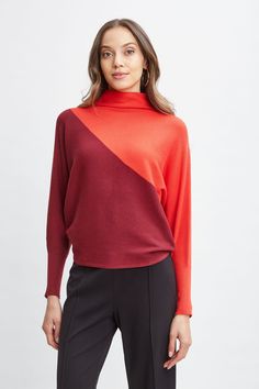 The asymmetric color blocking & mock neck add to the architectural appeal of this relaxed fit sweater. Designed with dolman sleeves & a rib stitch, we love the look and feel of this ultra-soft butter yarn sweater.     T-Tahari Mock Neck Rib Asymmetric Colorblock Sweater    52% Viscose, 28% Polyester, 20% Nylon    Runs true to Size    Model is 5'9" and wearing size S    Dry Clean Only    Imported    Style #: THF49014 Yarn Sweater, Colorblock Sweater, Rib Stitch, Red Tomato, Elie Tahari, Color Block Sweater, Fitted Sweater, Pair Of Pants, Jacket Sale