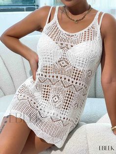 Ebeek - Womens Boho Crochet Cami Side Split Beach Cover Up Dress - Scoop Neck Eyelet Hollow Solid Color, Ideal for Swimwear & Casualwear Stretch Crochet Top With Hollow Out Design For Summer, Stretch Crochet Mini Dress For Vacation, Stretch Mini Crochet Dress For Vacation, Stretch Crochet Dress With Hollow Out For Vacation, Casual Summer Crochet Top Mini Length, Casual Summer Mini Crochet Top, Summer Casual Mini-length Crochet Top, Casual Mini Length Crochet Top For Summer, White Stretch Crochet Top For Beach