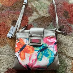 Nwt Rosetti, Crossbody Bag Beautiful Bright Summer Colors With Butterflies And Silver Trim! Casual Pink Floral Print Shoulder Bag, Spring Multicolor Crossbody Shoulder Bag, Summer Multicolor Floral Print Shoulder Bag, Colorful Casual Shoulder Bag For Spring, Multicolor Spring Bag With Zipper Closure, Bright Summer Colors, Bag Silver, Colorful Butterflies, Summer Colors