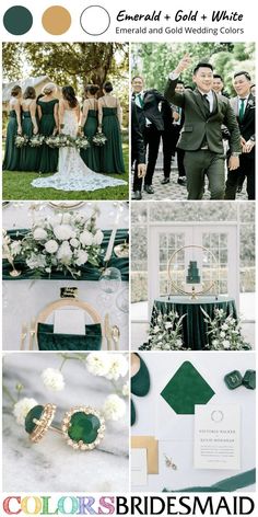 green and gold wedding color palettes for the bridesmaid, groomsmid