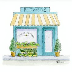 a watercolor and ink drawing of a flower shop with potted plants in front