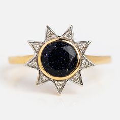 Blue Sandstone Engagement Ring, Sandstone Engagement Ring, Wardrobe List, Starburst Ring, Planet Ring, Space Rings, Rose Gold Moissanite Ring, Galaxy Ring, Gold Starburst