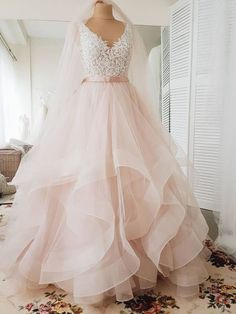 Blush Pink Lace Wedding Dresses Multi-Layered Organza Wedding Gowns AWD1336-SheerGirl Pink Tulle Evening Dress, Cheap Bridal Dresses, Lace Long Prom Dress, Blush Pink Wedding Dress, How To Dress For A Wedding, Tule Rok, Gonna In Tulle, Blush Wedding Dress, Pink Evening Dress