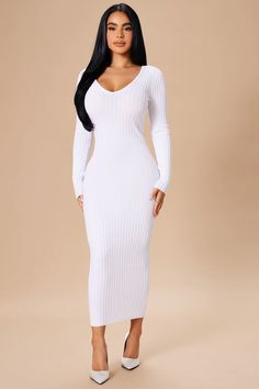 Kallan Knit Dress - White | Fashion Nova, Dresses | Fashion Nova White Stretch V-neck Sweater Dress, White Stretch Sweater Dress With V-neck, Long White Ribbed Sweater Dress, Kallan Knit Dress, White Ribbed Sweater, Sweater Dress Long, Taupe Fashion, Classic Dresses, Modest Dresses Casual