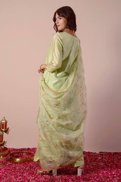 Mint green ombre kurta with gota embroidery in chevron pattern. Paired with sharara and floral jaal embroidered dupatta. - Aza Fashions Unstitched Pista Green Sharara With Dabka Work, Elegant Green Sharara With Gota Work, Unstitched Pista Green Dola Silk Sharara, Unstitched Pista Green Sharara With Resham Embroidery, Green Unstitched Chinon Sharara, Unstitched Pista Green Sharara In Chinon, Pista Green Sharara With Dabka Work And Traditional Drape, Designer Green Palazzo Set With Dupatta, Pista Green Sharara With Dabka Work