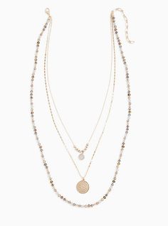 A three-tiered necklace is layered with multi beads at the bottom, a middle coin pendant tier, and a faux moon stone pendant top tier. Lobster clasp. 19-24. 5” length and 5” extender . Man-made materials. Imported. The best plus size women's multi bead & coin layered necklace necklaces in gold. Torrid is your destination for cozy fall and winter clothes to keep you warm and comfortable. Moon Stone Pendant, Arrow Pendant Necklace, Necklace Combo, Floral Statement Necklace, Turquoise Charm, Tiered Necklace, Pave Necklace, Shell Choker, Arrow Pendant