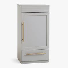 a white cabinet with two gold handles on the front and back doors, against a white background