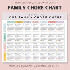 the family chore chart is shown on a pink background with text that reads printable and