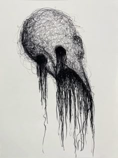 a drawing of two people with long hair hanging from their heads in the shape of a skull