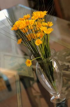 yellow flowers in a glass vase on a table