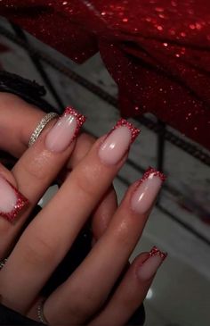 Glitter Red Nail Designs, Red Nails And Glitter, Red Glitter Square Nails, Red Nail Set Prom, Red Nails With Silver Tips, Red Nails Glitter Tips, Red Sparkling Nails, Red Nails For Prom Short, Nail Ideas Red Design