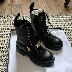 Brand New Versace Leather Combat Boots. With Side Zips, Tab Pulls And Buckles Strap With Iconic Versace Logo. Still In Box With Tags And Authenticity Information, Including Receipt Size 36 Versace Shoes Aesthetic, Designer Combat Boots, Big Steppa, Versace Boots, Boots Luxury, Leather Combat Boots, Versace Logo, Versus Versace, Versace Shoes