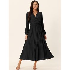 This V-neck Flowy Ruffle Pleated maxi Dress from Seta T for Women is suitable for Spring and Fall. Long Puff Sleeves, keep you cool but not cold in fall and early spring. Wrap V-neck design with a front Empire Belt Waist, the belted design makes the dress more fashionable. Casual A-Line Dress with Ruffle Pleated hem, elegant and stylish. The long-sleeved maxi pleated dress is a must-have item in women's wardrobes. Made of good quality materials, this dress features a flattering wrap design at th Flowy V-neck Midi Dress For Work, Solid V-neck Pleated Midi Dress, Solid Pleated V-neck Midi Dress, V-neck Pleated Maxi Dress For Brunch, Pleated V-neck Maxi Dress For Brunch, Flowy Pleated V-neck Midi Dress, Flowy Pleated Midi Dress With V-neck, V-neck Pleated Maxi Dress For Work, Pleated V-neck Maxi Dress For Work