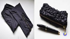 a black purse and pen sitting on top of a white table next to each other