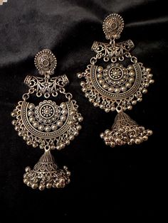 Oxidized silver plated light jhumka earrings. Forest Hills, Jhumka Earrings, Traditional Jewelry, Oxidized Silver, Festival Season, Beautiful Outfits, Jewelry Earrings Dangle, Desi, Silver Plated