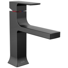 a black faucet with red accents on the side and an orange stripe in the middle