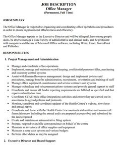 the job description for an office manager is shown in this document, and it contains information on