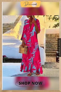 V-neck Chic Mandarin Sleeve Pattern Dress Casual Pink V-neck Dress For Vacation, Pink Casual V-neck Dress For Vacation, Casual Pink V-neck Midi Dress, Sleeve Pattern, Pattern Dress, Sleeves Pattern, Dress Patterns, Women's Fashion Dresses, Fashion Dresses