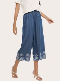 Women's Embroidered-Trim Denim Gaucho Pants Embroidered Denim Blue Casual Bottoms, Summer Embroidered Wide Leg Jeans, Casual Embroidered Denim Blue Bottoms, Embroidered Wide Leg Denim Bottoms, Embroidered Wide-leg Denim Bottoms, Blue Embroidered Wide Leg Jeans, Embroidered Wide Leg Denim Blue Pants, Embroidered Denim Wide-leg Bottoms, Embroidered Denim Blue Pants