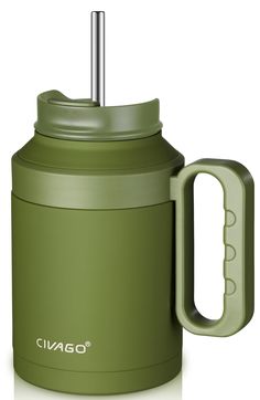 the civago coffee pot is green and has a handle on it's side