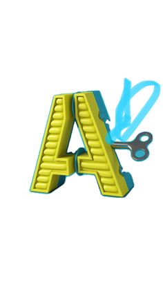 the letter a is made out of plastic and has scissors attached to it with blue handles