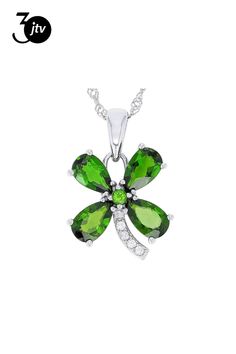 3.06ctw pear shape and .07ct round chrome diopside with .07ctw round white zircon rhodium over sterling silver 4-leaf clover pendant with 18" singapore chain. Measures approximately .94"L x .63"W. 3mm bail. Lobster claw clasp closure with 2" extender. Accent stones primarily zircon. Green Pear-shaped Diamond Jewelry, Green Cubic Zirconia Teardrop Pendant Jewelry, Teardrop Cubic Zirconia Jewelry For May Birthstone, Pear-shaped Cubic Zirconia Jewelry For May Birthstone, Green Pear-shaped Sterling Silver Jewelry, Green Pear-shaped Cubic Zirconia Jewelry, Sterling Silver Pear-shaped May Birthstone Jewelry, Sterling Silver Pear-shaped Jewelry For May Birthstone, Clover Pendant