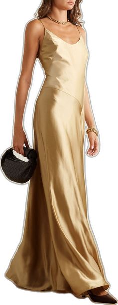 Luxury Satin Gown For Evening, Chic Satin Finish Evening Gown, Chic Evening Gown With Satin Finish, Bias Cut Modal Satin Evening Dress, Gold Satin Evening Dress, Gold Satin Evening Dress For Gala, Glamorous Full-length Satin Evening Dress, Full Length Satin Finish Maxi Dress, Glamorous Formal Maxi Slip Dress