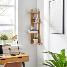 a laptop computer sitting on top of a wooden desk next to a plant in a pot