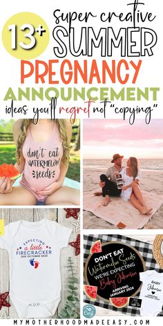 some pictures with the words summer pregnancy announcement and other things to do in front of them