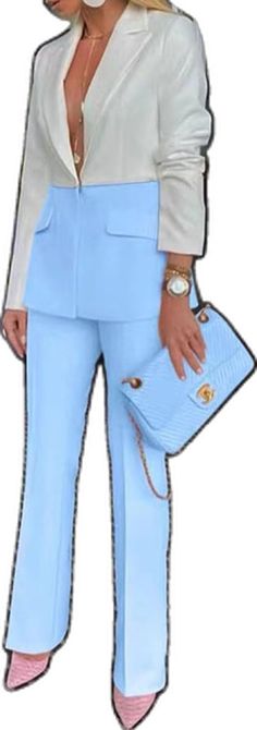 Blue Office Sets With Pockets, Formal Fitted Light Blue Pants, Light Blue Fitted Formal Pants, Formal Light Blue Fitted Pants, Light Blue Fitted Pants For Formal Occasions, Elegant Fitted Light Blue Pants, Blazer Pants Set, Designer Style, Washing Instructions