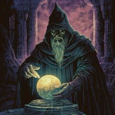 an old wizard holding a crystal ball in his hand