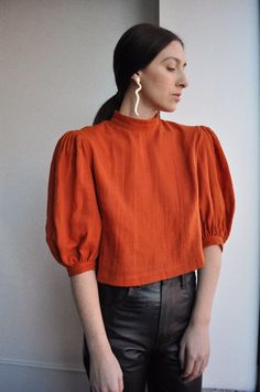 Hannah Kristina Metz Georgiana Blouse - Paprika | Garmentory Cropped Top With Gathered Sleeves For Fall, Cropped Linen Top For Fall, Fall Cropped Top With Blouson Sleeves, Cropped Blouse With Gathered Sleeves For Fall, Fall Puff Sleeve Crop Top, Fall Cotton Puff Sleeve Padded Top, Cropped Cotton Padded Blouse, Chic Orange Puff Sleeve Tops, Cotton Padded Lantern Sleeve Top