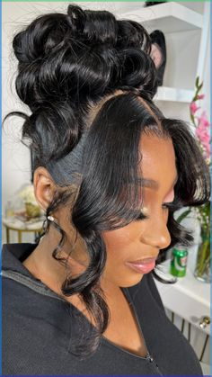 Looking for wet hair hairstyles? Check out this list of 19 hottest hairstyles for wet hair you'll want to try ASAP. Updo Pin Curls For Black Women, Pinned Up Curls Updo Black Hair, Messy Bun Wedding Hair Black Women, Big Curly Updo, 90s Curly Updo Black Women, Top Bun With Curls, Middle Part Updo Black Women, Curled Hair Styles For Event, Black Girls Hairstyles Updo