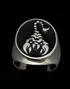 high quality Sterling silver ring high polished marked 925 design: Oval Sterling silver men's Animal ring Scorpion with Black enamel dimension of the top: 23 mm along the finger x 19 mm wide (23mmx19mm) average weight: 21 grams depending on the size Silver Sterling Silver Signet Ring With Black Enamel, Scorpion Symbol, Zodiac Scorpio, Scorpio Horoscope, Animal Ring, Zodiac Rings, Animal Rings, Mens Silver Rings, Unisex Ring