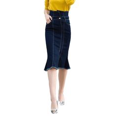 Dark blue trumpet denim skirt online. Excellent jeans skirt from the 2021 Autumn collection. The fashionable outfit helps to look modern and draws the attention of others. The deep and rich - dark blue color perfectly fits every person. An unwashed denim pattern gives a more elegant look. Choose a trumpet fit style to create flirty and feminine looks for the office, every day, or travel. High-waist will stretch your legs and raise the shape of your natural. The cotton fabric features a soft feel Denim Skirts Online, White Jeans Men, Yellow Denim, Jeans Street Style, Jeans Skirt, Denim Patterns, Autumn Collection, Street Trends, Dark Blue Color